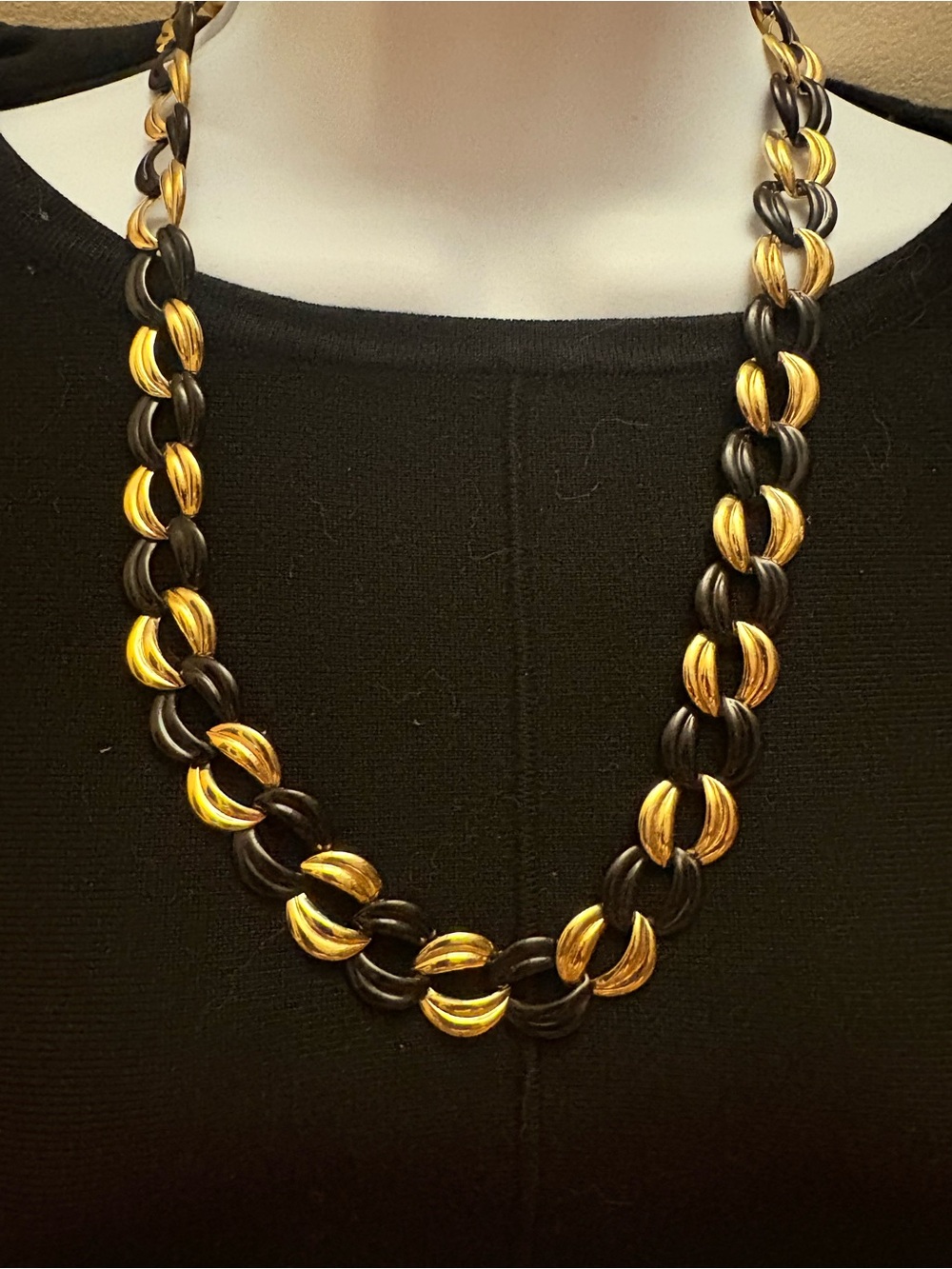 Gold and Black Linked Statement Necklace Trifari? 24”